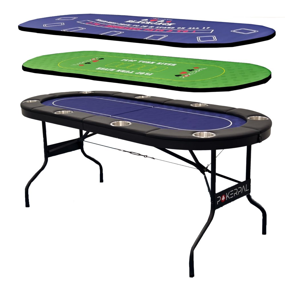 8 Player Poker Table with 2 Interchangeable Game mats, Texas Holdem Poker and Blackjack, Collapsible Casino Table with Padded Rails and XXL Cup Holders for Wine and Whiskey Glasses, (71 in)