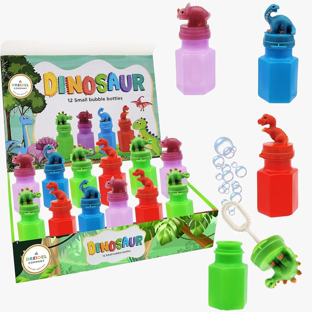 Dinosaur Bubbles in A Neon Bottle, Includes Bubble Wand - 12-Pack of Hexagon Bubble Bottles Party Favors, 3" Bottle (24-Pack)