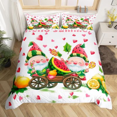 Cartoon Watermelon Toddler Duvet Cover 2 Pcs,Cute Gnome Green Leaves Pink Hearts Bedding Sets for Kids Boys Girls Teens,Yellow Lemon Watercolor Fruits Quilt Cover with 1 Pillowcase,No Comforter