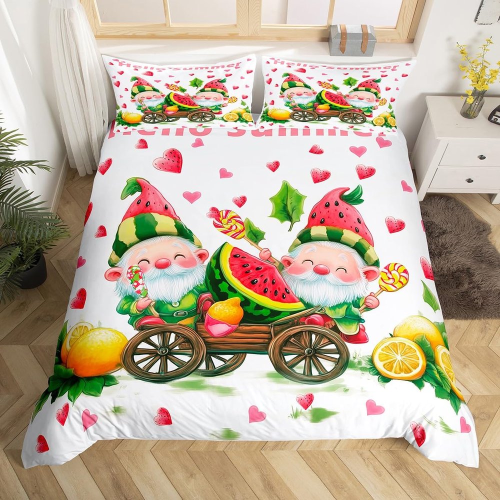 Cartoon Watermelon Toddler Duvet Cover 2 Pcs,Cute Gnome Green Leaves Pink Hearts Bedding Sets for Kids Boys Girls Teens,Yellow Lemon Watercolor Fruits Quilt Cover with 1 Pillowcase,No Comforter