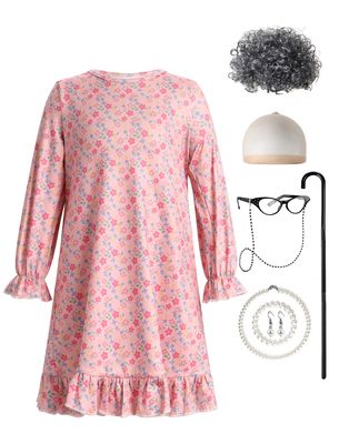 100 Days of School Costume Old Lady Costume for Kids Girls Grandma Dress with Wigs Accessories 100 Year Old Costume Halloween Birthday Carnival Party Fancy Dress up Pink-Floral 8-9 Years