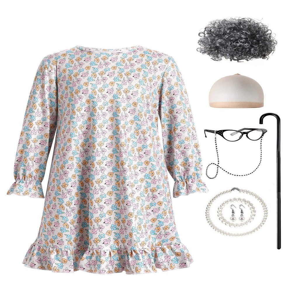 100 Days of School Costume Old Lady Costume for Kids Girls Grandma Dress with Wigs Accessories 100 Year Old Costume Halloween Birthday Carnival Party Fancy Dress up White Blue Floral 4-5 Years