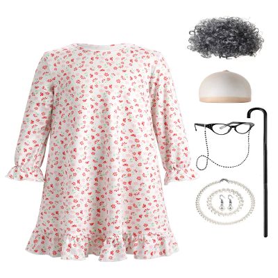 100 Days of School Costume Old Lady Costume for Kids Girls Grandma Dress with Wigs Accessories 100 Year Old Costume Halloween Birthday Carnival Party Fancy Dress up White red-Floral 10-11 Years