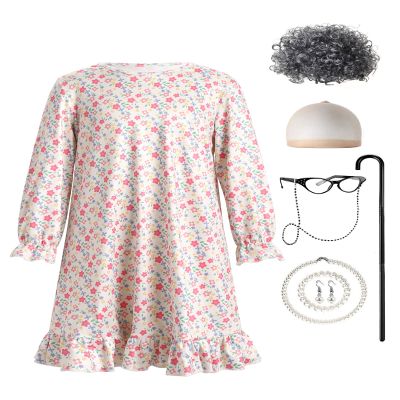 100 Days of School Costume Old Lady Costume for Kids Girls Grandma Dress with Wigs Accessories 100 Year Old Costume Halloween Birthday Carnival Party Fancy Dress up White Pink-Floral 7-8 Years