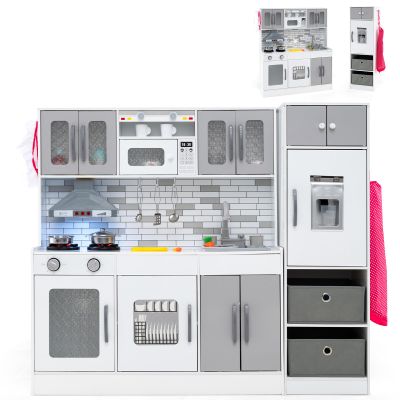 HONEY JOY Kids Kitchen Playset, 2-Piece Modular Toy Kitchen Set with Lights, Refrigerator & Ice Maker, Cookware, Storage Cabinet, Water Circulation, Large Wooden Play Kitchen for Toddlers (Gray)