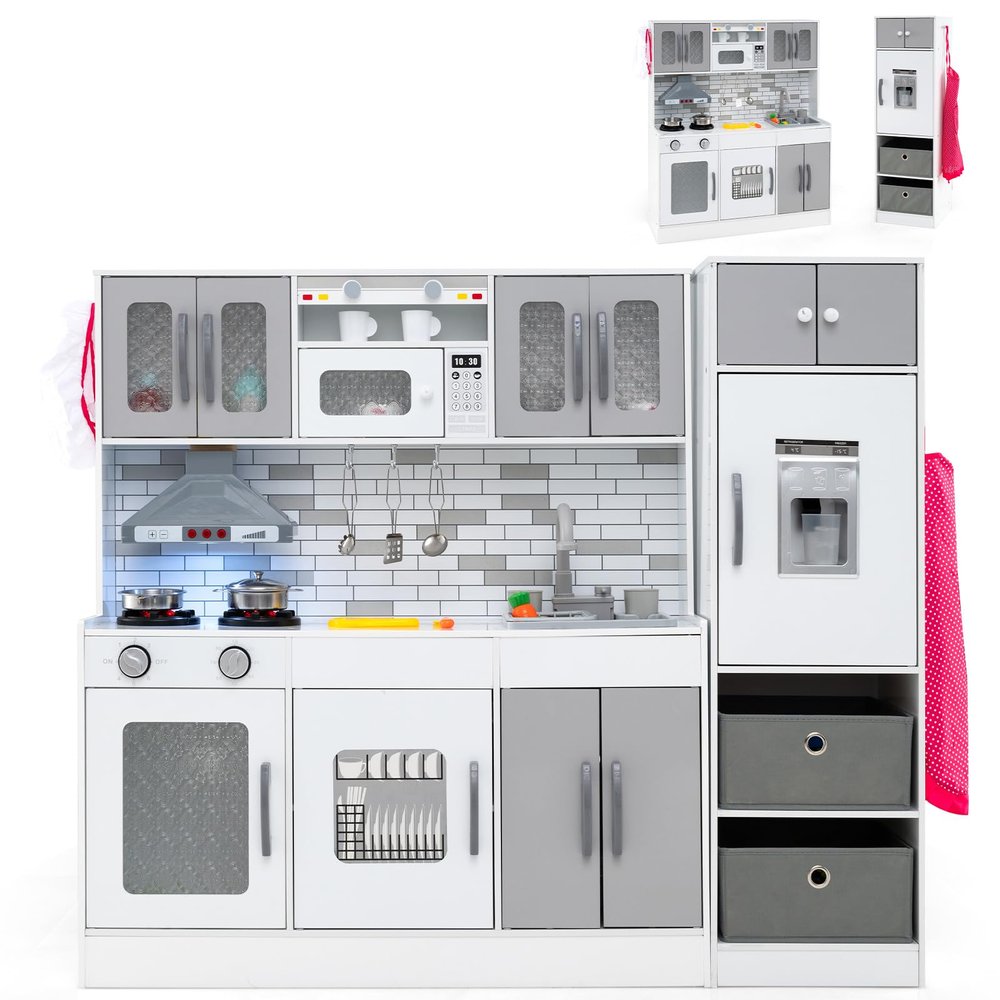 HONEY JOY Kids Kitchen Playset, 2-Piece Modular Toy Kitchen Set with Lights, Refrigerator & Ice Maker, Cookware, Storage Cabinet, Water Circulation, Large Wooden Play Kitchen for Toddlers (Gray)