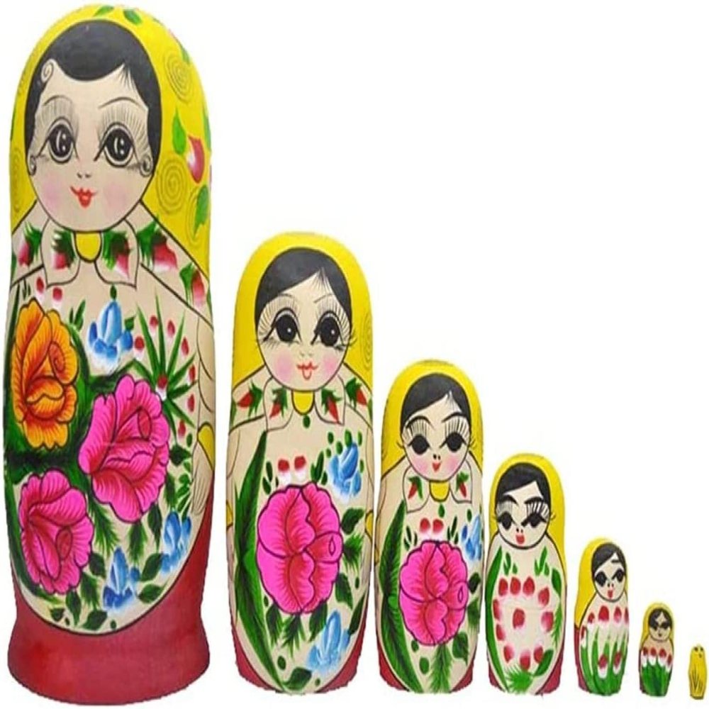 OUFEIJIA Stacking Dolls Russian Dolls Wood to Paint Stacking Red Russian Stacking Dolls with Peony Flower Pattern Yellow Nesting Dolls 7 Piece