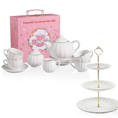Sweejar Porcelain Toy Tea Sets British Royal Series, Vintage Style Tea Set for Children, Cups & Saucer Service for 4, with Teapot, Sugar Bowl and Cream Pitcher with 3 Tier Ceramic Cake Stand(White)