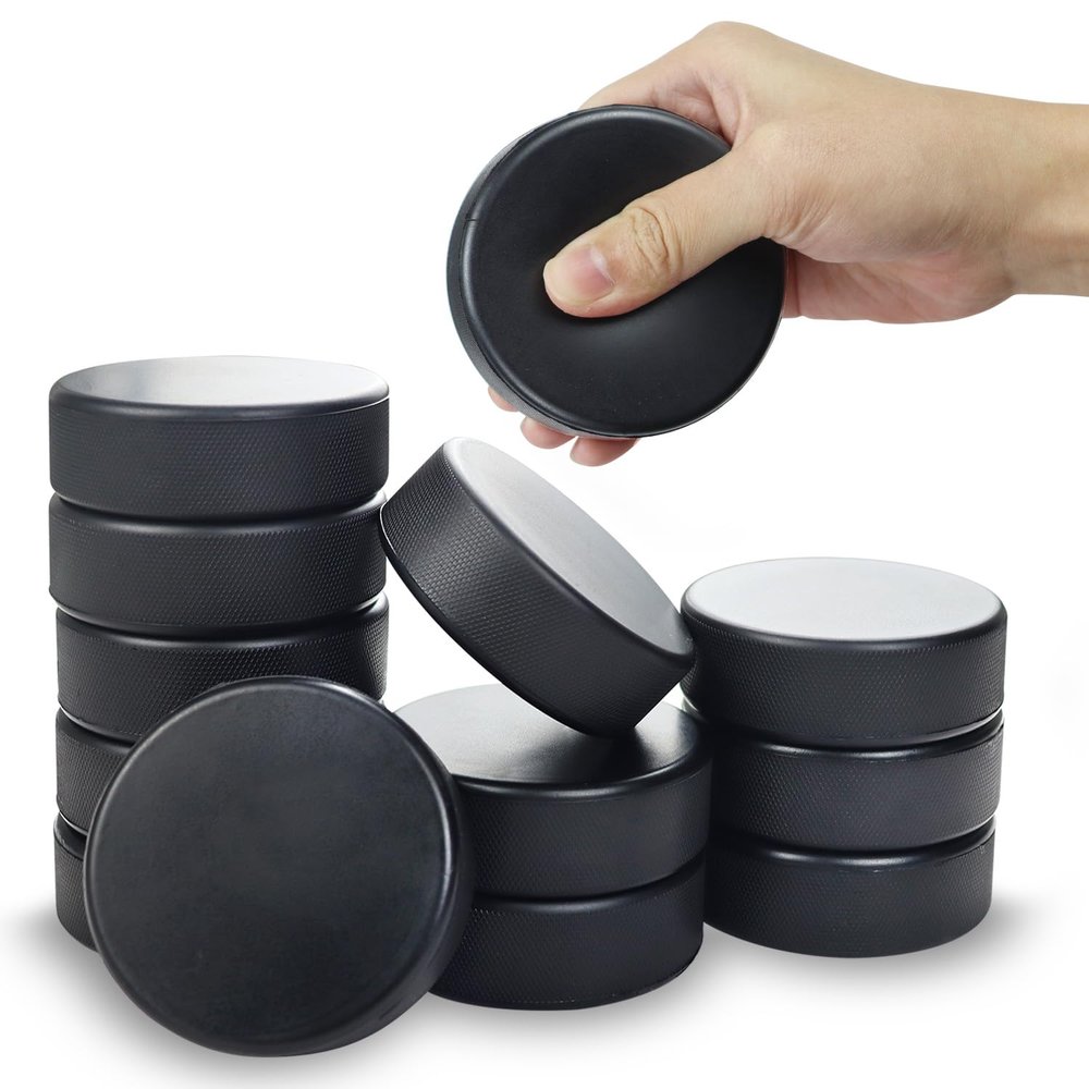 APUXXJUPA 12 Pcs Foam Hockey Pucks, Black Rubber Street Hockey Puck Mini Knee Hockey Balls for Indoor Outdoor Practice for Kids Adults, Diameter 3", Thickness 1"