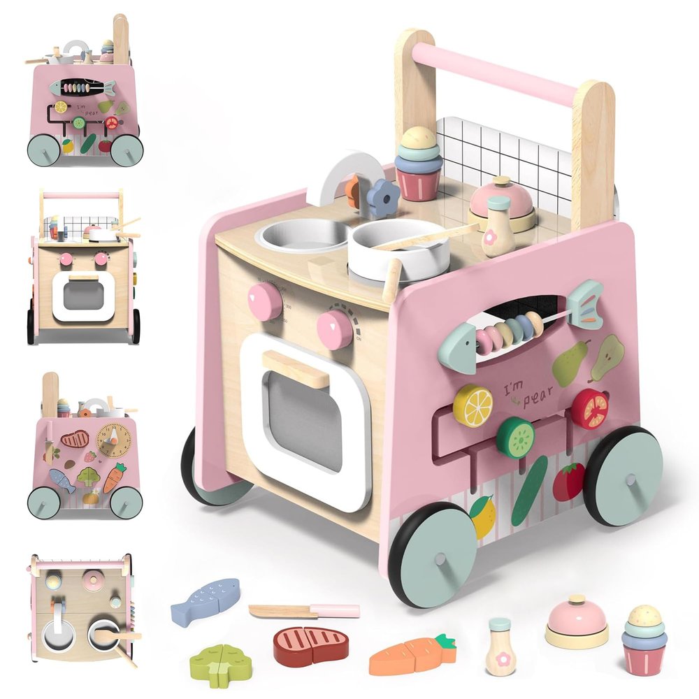 Gigglegems Wooden Baby Walker 4-in-1 with Push Walker Toys, Play Kitchen Accessories, Toddlers Montessori Sensory Toys, Walking Toys for Baby Girls Boys Learning to Walk