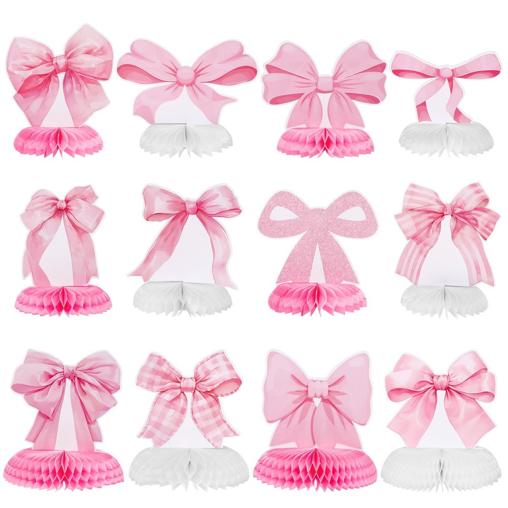 12 Pcs Pink Bow Party Honeycomb Centerpieces Pink Bow Table Centerpieces Coquette Theme Birthday Decorations Bow Party Decorations for Birthday Bridal Bachelorette Valentines Day Party Supplies