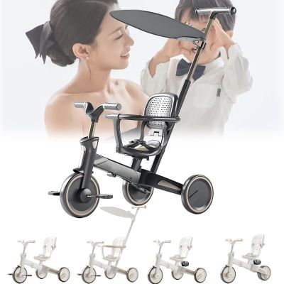 LHTJHP 4 in 1 Kids Tricycle, Foldable Baby Bike with 3-Speed Adjustable Handlebars, Solid Silent Wheels, Foldable Pedals, Toddler Push Tricycle with Saddle Seat, Suitable for Children Aged 1-6,Black
