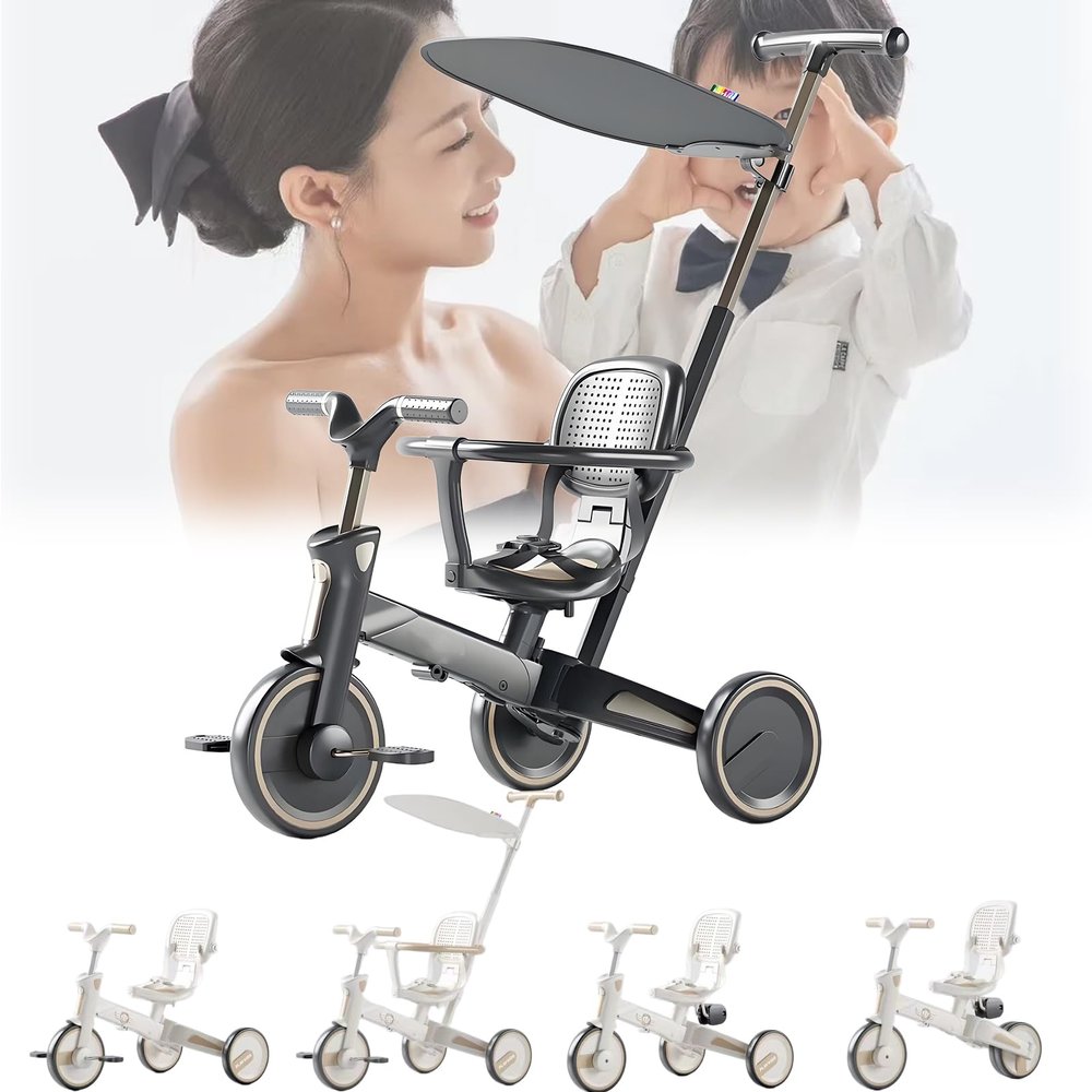 LHTJHP 4 in 1 Kids Tricycle, Foldable Baby Bike with 3-Speed Adjustable Handlebars, Solid Silent Wheels, Foldable Pedals, Toddler Push Tricycle with Saddle Seat, Suitable for Children Aged 1-6,Black