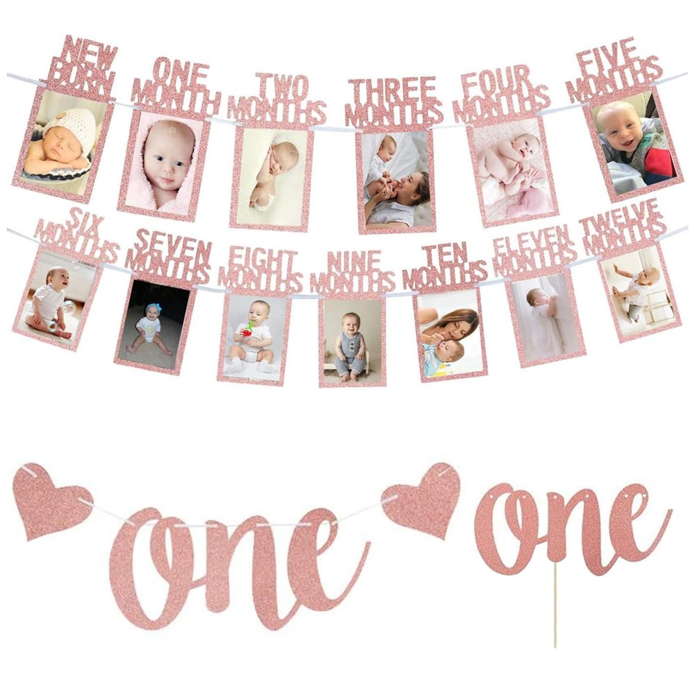 1st Birthday Baby Photo Banner and1st Birthday Decorations First Birthday Decorations for Girl Newborn to 12 Months First Birthday Photo Banner Bunting Garland with ONE Cake Topper Rose Gold