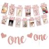 1st Birthday Baby Photo Banner and1st Birthday Decorations First Birthday Decorations for Girl Newborn to 12 Months First Birthday Photo Banner Bunting Garland with ONE Cake Topper Rose Gold view 1
