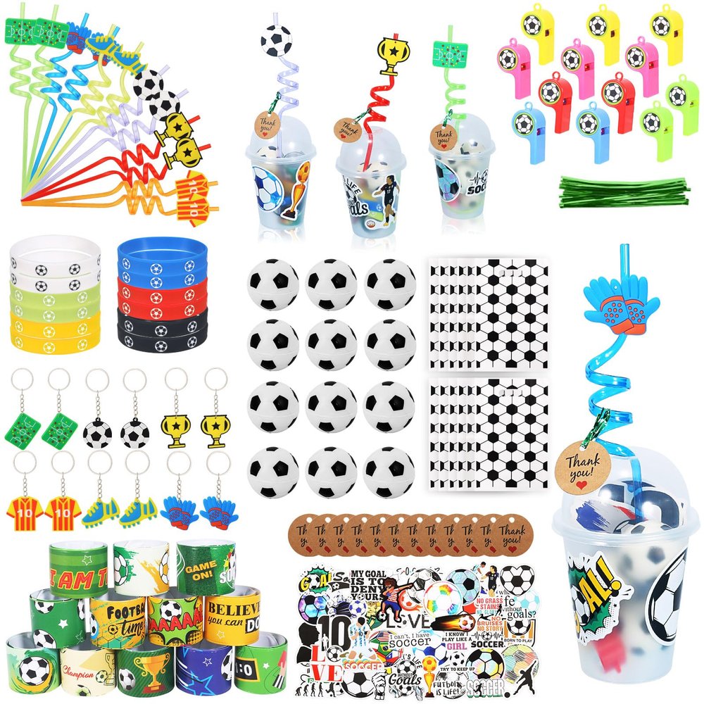 170 Pcs Soccer Party Favors Birthday Party Supplies Goodie Bags Cups Straws Stress Ball Silicone Wristbands Slaps Bracelets Keychains Stickers Whistles Soccer Themed Party Favors Soccer Team Gifts