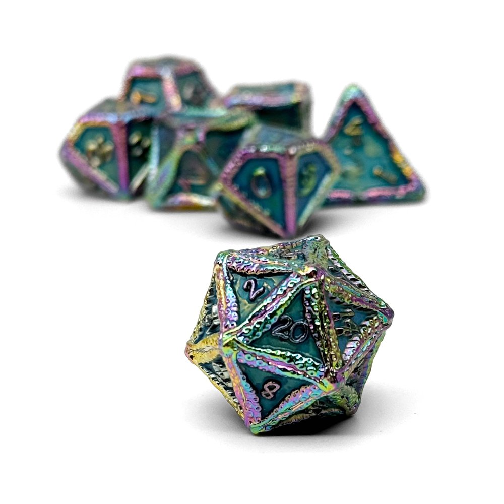 Norse Foundry Pirate Dice - Secret Stash - 7-Piece RPG Alloy Dice Set - Scorched & Green Glow in The Dark Design - Durable Zinc Alloy Construction - Treasure Chest Tin Included - Ideal for D&D & RPG