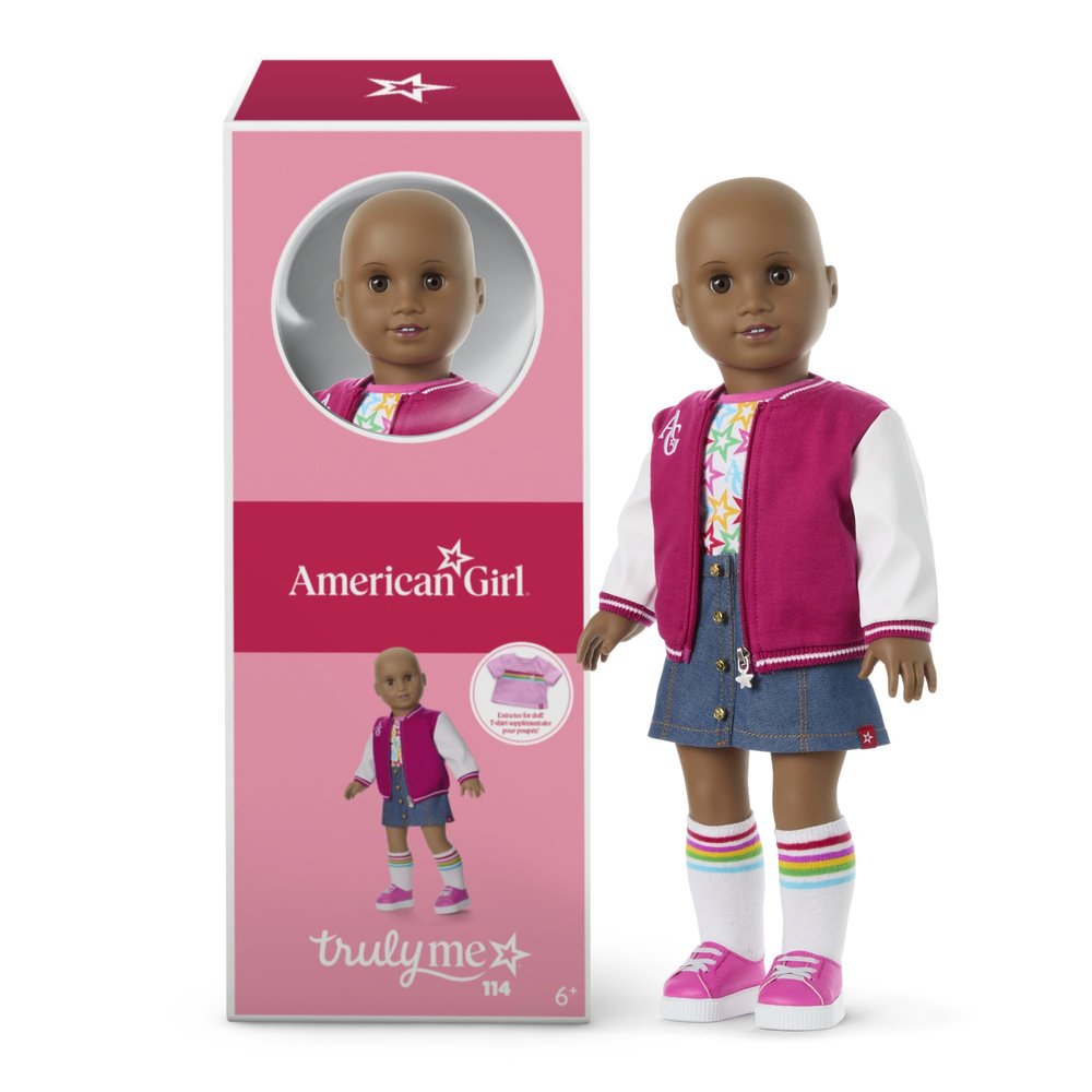 American Girl, Truly Me 18-inch Doll #114 with Brown Eyes, Without Hair, Deep Skin, Varsity Jacket, for Ages 6+