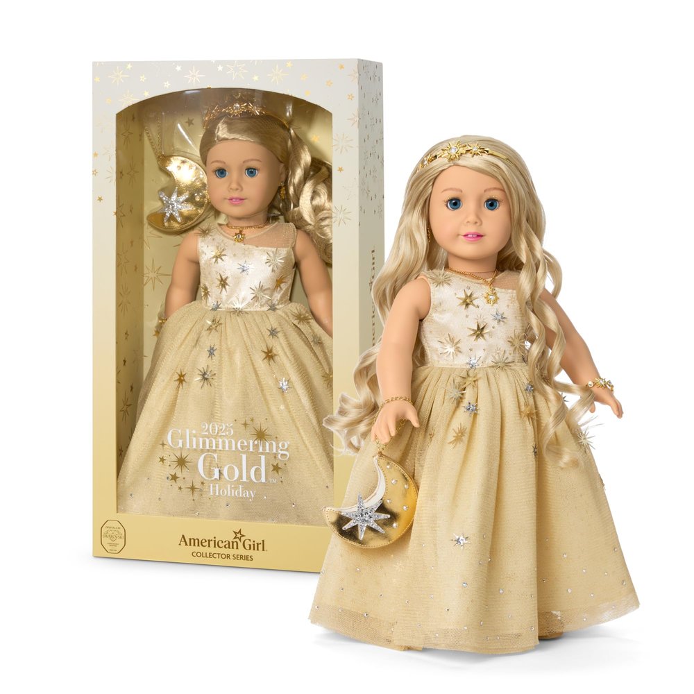 American Girl 2025 Glimmering Gold Holiday Collector Doll, with Light-Blue Eyes, Long Wavy Blonde Hair, Ages 8+
