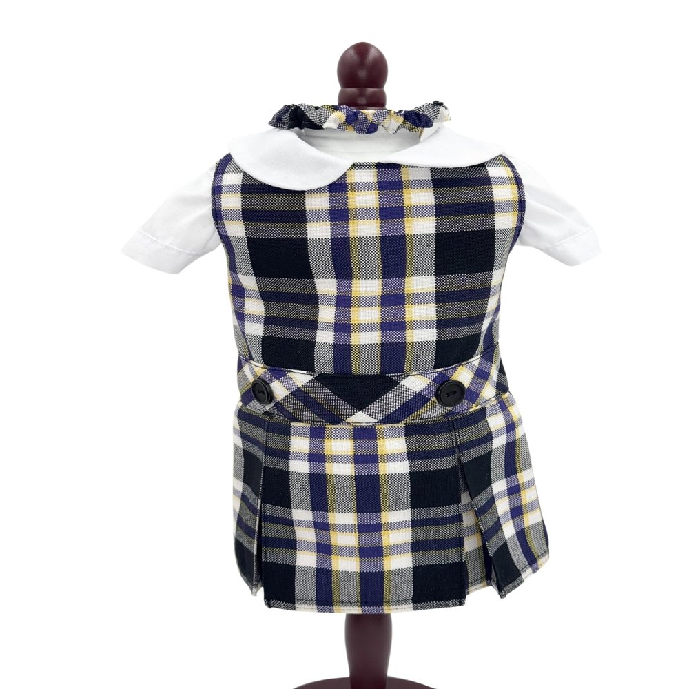 18 inch Doll Outfit-School Plaid Jumper Include Blouse and Hair Accessory/Add on Option: Sock and Shoe (Doll is not Included) (Dropped Waist Jumper Only, Plaid 2M)