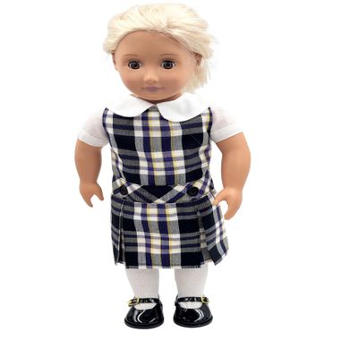 18 inch Doll Outfit-School Plaid Jumper Include Blouse and Hair Accessory/Add on Option: Sock and Shoe (Doll is not Included) (Dropped Waist Jumper,Sock,ShinyBlack Shoe, Plaid 2M)