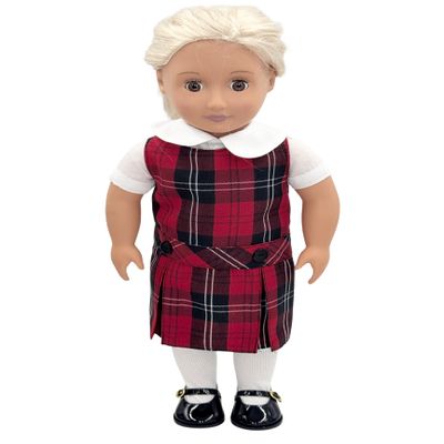 18 inch Doll Outfit-School Plaid Jumper Include Blouse and Hair Accessory/Add on Option: Sock and Shoe (Doll is not Included) (Dropped Waist Jumper,Sock,ShinyBlack Shoe, Plaid 70)
