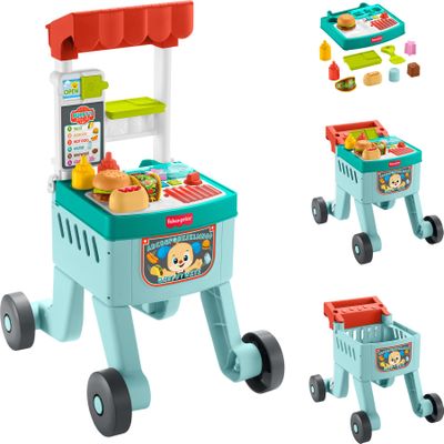 Fisher-Price Baby Push Toy 4-in-1 Snack Cart Walker Learning Activity, 14 Pieces for Pretend Play Infants Ages 6+ Months, Multilanguage Version