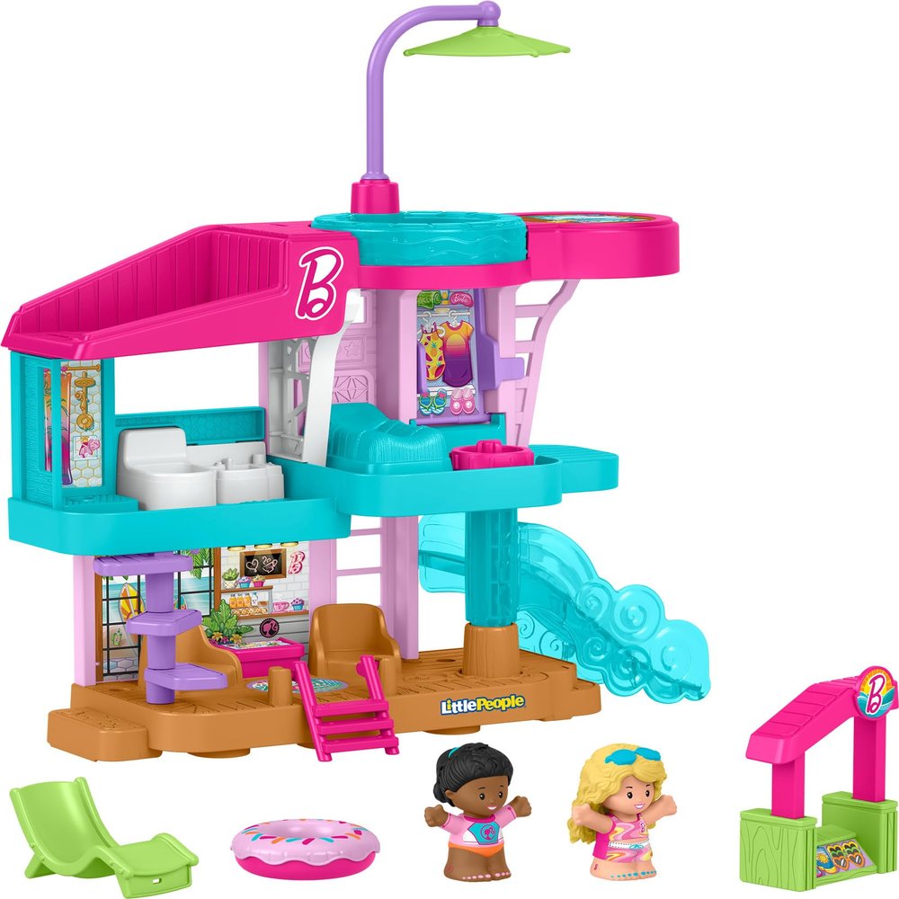 Fisher-Price Little People Toddler Toy Barbie Beach House Playset, Figures and Accessories for Preschool Pretend Play Kids Ages 18+ Months