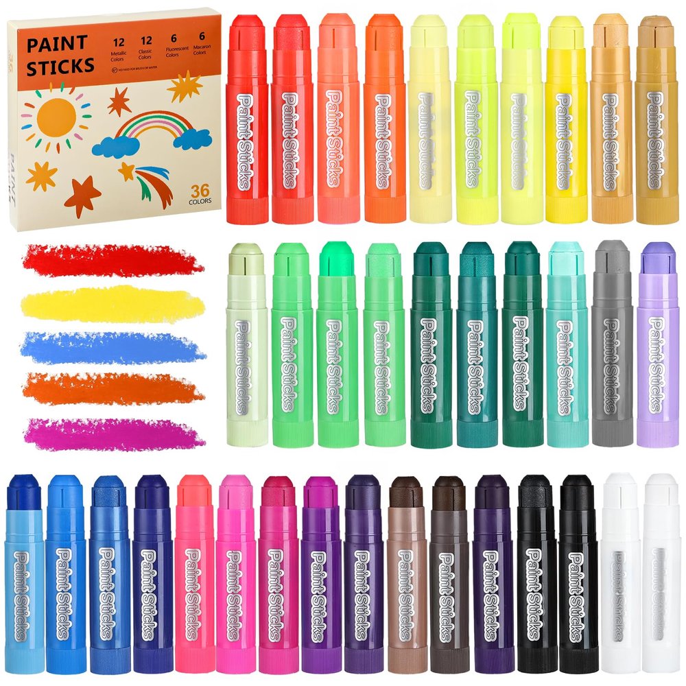 36 Colors Tempera Paint Sticks, No Mess, Quick-Drying & Non-Toxic Art Supplies, Easy-Grip for Toddlers and Kids, Works Great on Paper, Wood, Glass, Canvas, Gifts for Drawing on Various Objects