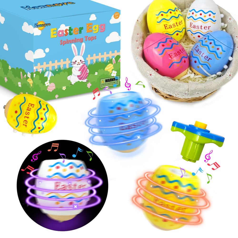 Easter Basket Stuffers Fillers for Toddlers 6 Pack,Light up Easter Egg spinning Top Toys with Music for Kids, Goodie Gift Bag Stuff Treats,Non Candy Hunt Prizes Party Favors Classroom Trinkets for Boy