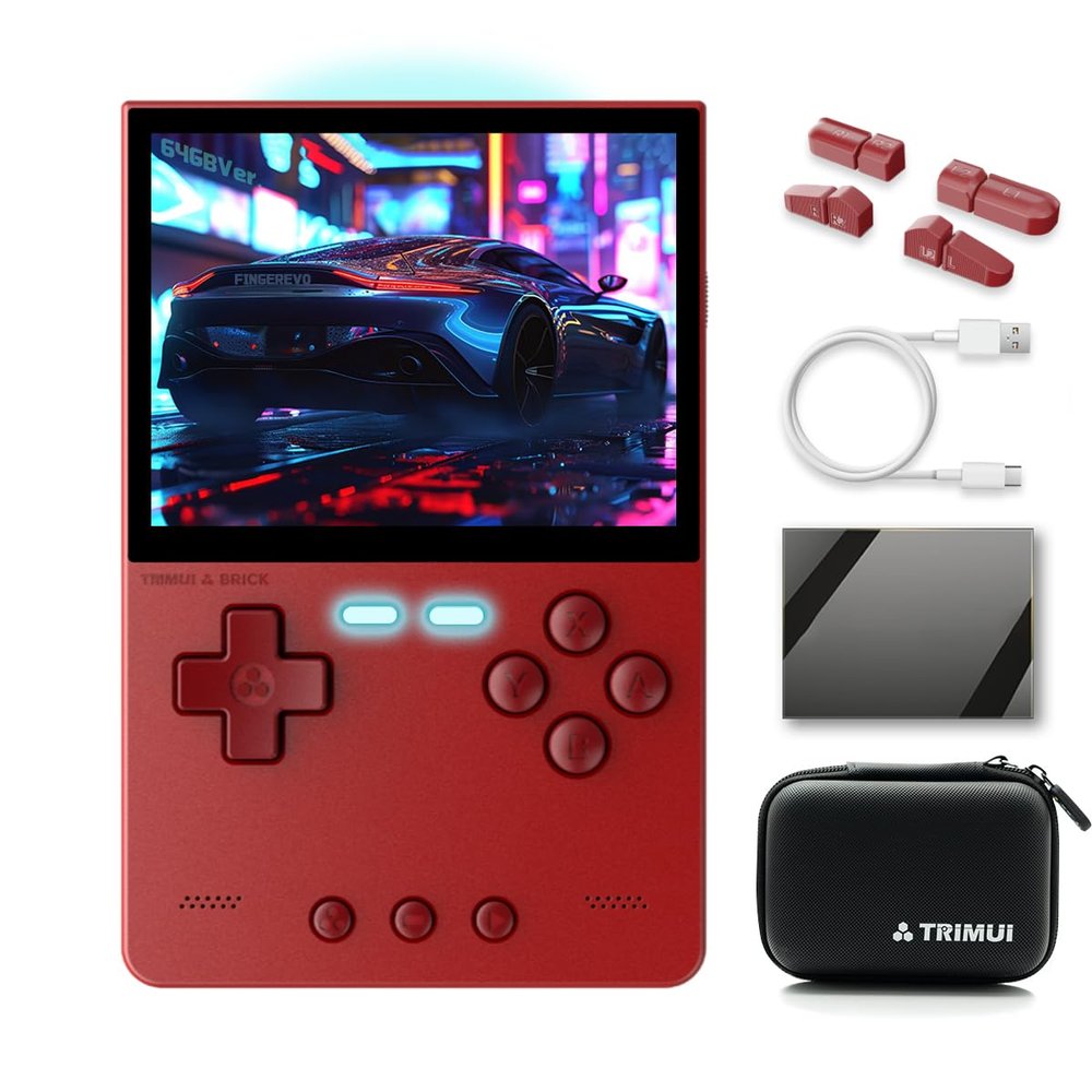 FINGEREVO Trimui Brick Handheld Game Console 3.2-inch 1024 * 768 IPS Screen 3000mAh Trimui-brick Opensource System with Portable Case and Screen Protector Red