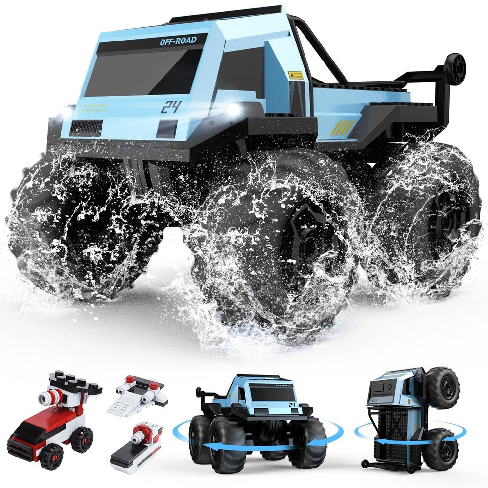 DEERC Amphibious Remote Control Car Monster Truck Toys Waterproof RC Stunt Cars for Boys 8-12 Toys W/Blocks & 360Spin, 4WD All-Terrain Off-Road Pickup RC Truck 2.4Ghz 60+ Min Playtime Pool Toy Gift