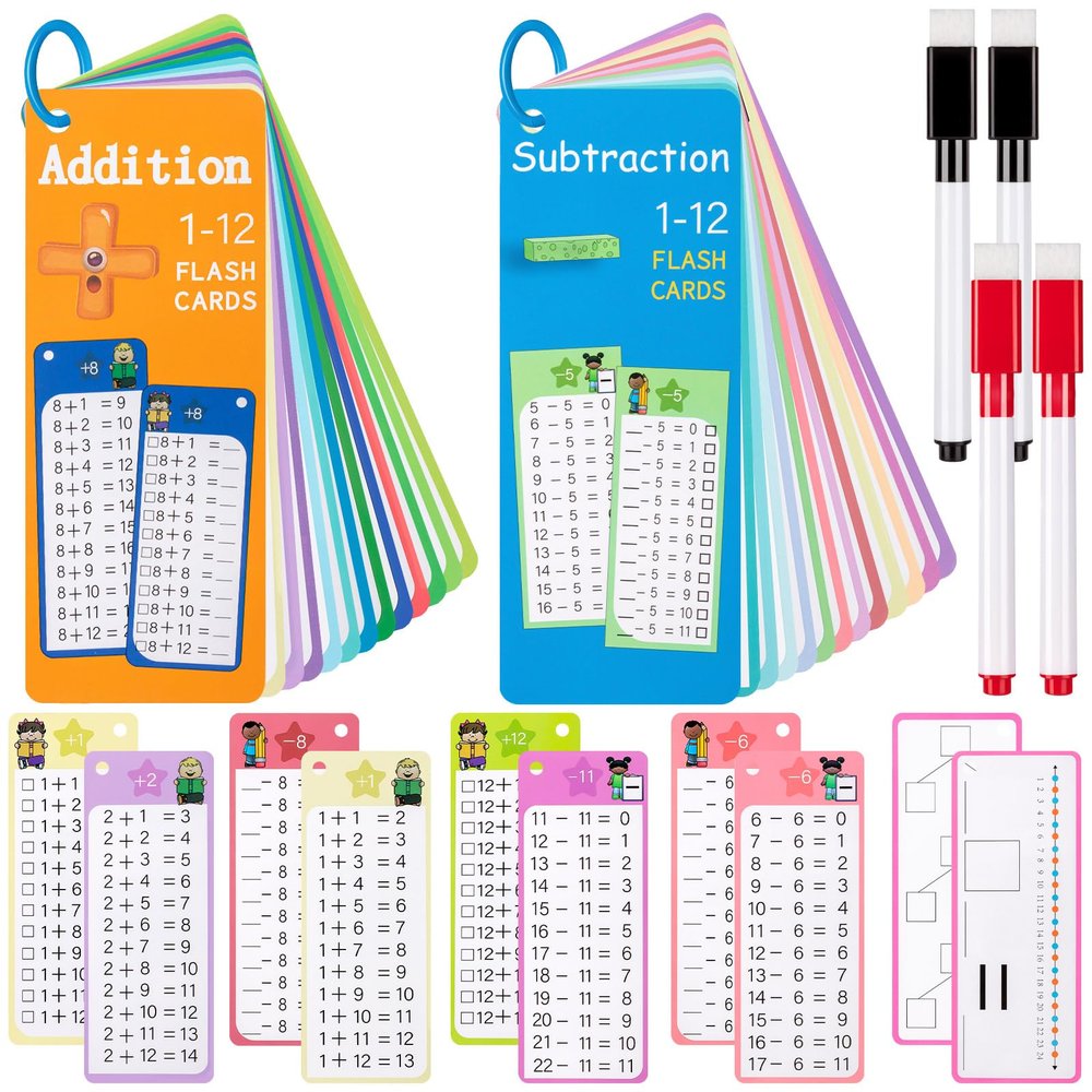 30Pcs Addition and Subtraction Flash Cards, Math Flash Card with 4 Dry Erase Pens 2 Rings, Time Table Flash Cards for 1st to 3rd Grades Fun Learning with Math Game