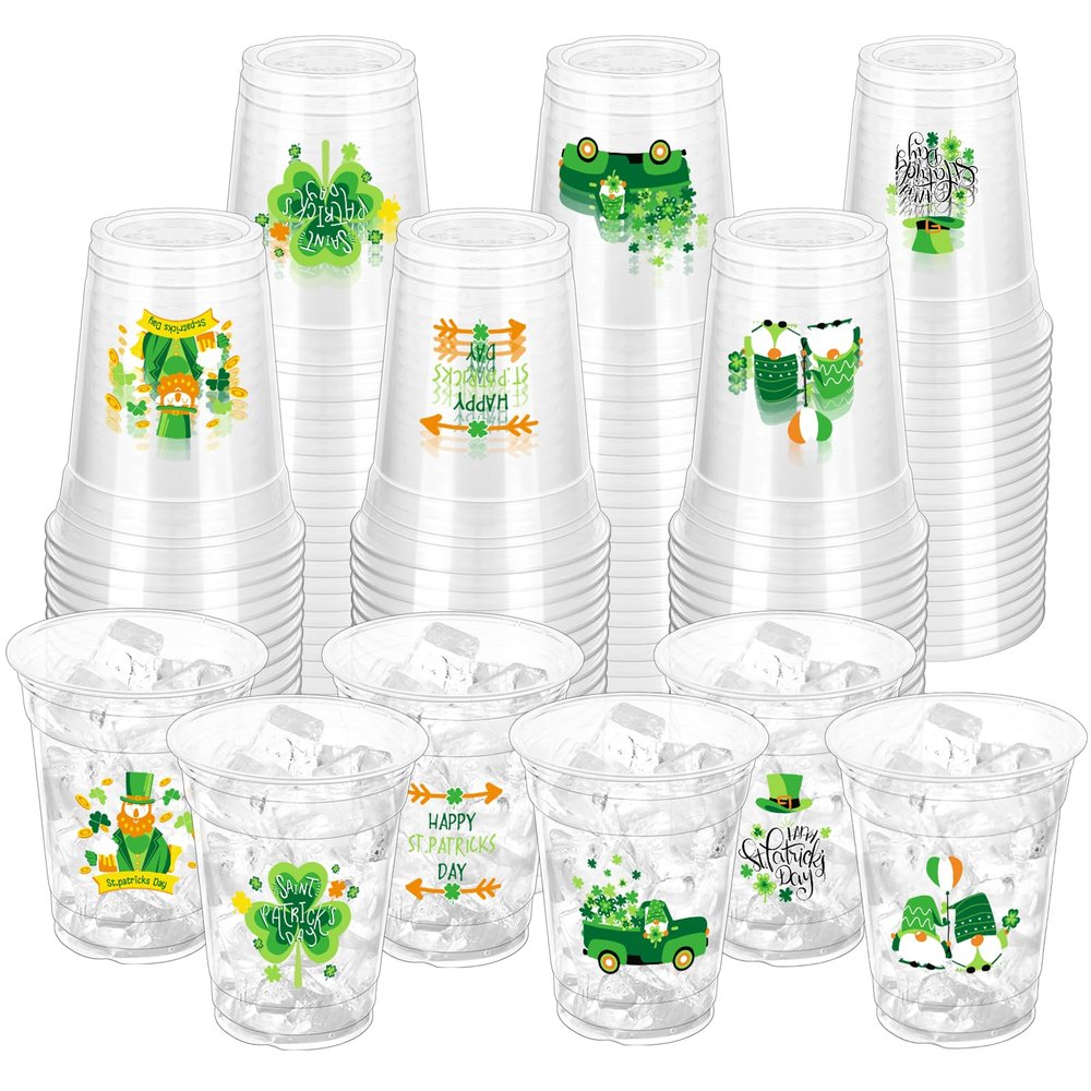 100 Pcs St. Patrick's Day Party Cups,12 oz St. Patrick Disposable Clear Plastic Cups Irish Green St Patrick's Day Party Lucky Clover Cups for St. Patrick Irish Birthday Party Irish Party Supplies