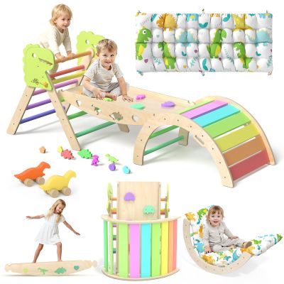KidsBuddy Pikler Triangle Set with Cushion 9 in 1 Climbing Toys for Toddlers 1-3 Indoor Baby Gym Toddler Montessori Toys Wooden Climbing with Maze, Shape Sorting, Dinosaur Car