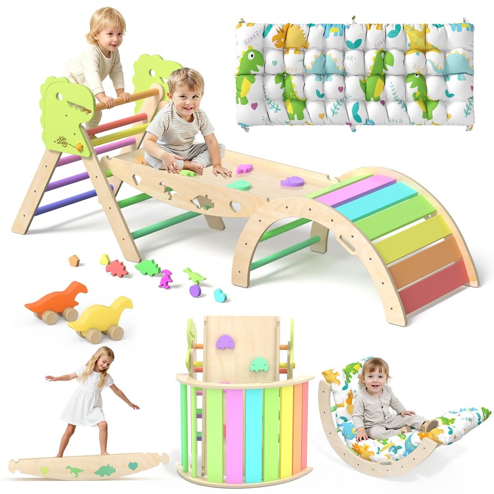 KidsBuddy Pikler Triangle Set with Cushion 9 in 1 Climbing Toys for Toddlers 1-3 Indoor Baby Gym Toddler Montessori Toys Wooden Climbing with Maze, Shape Sorting, Dinosaur Car