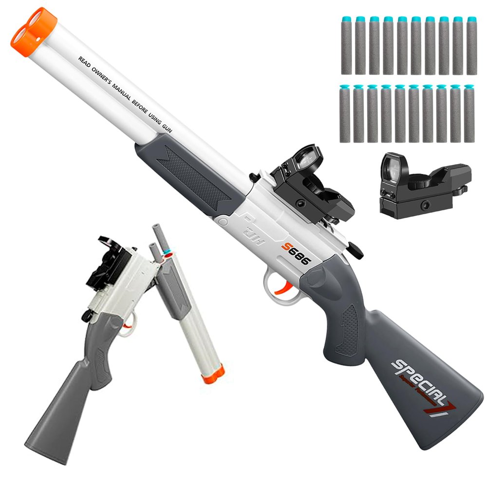 Cool Toy Shotgun Look Real Double barreled Toy Gun with Sight Soft Bullet Realistic Foan Blasters Guns Fake Shooting Game for Ages 8-12 Years Old.