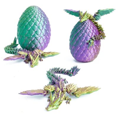 Flavery 3D Printed Flying Dragon in Egg - Tricolor Egg with 9" Flexible Winged Dragon Inside, Colorful Fidget Toy, Birthday Gift, Desk Pet Figure (Gold Green Purple)