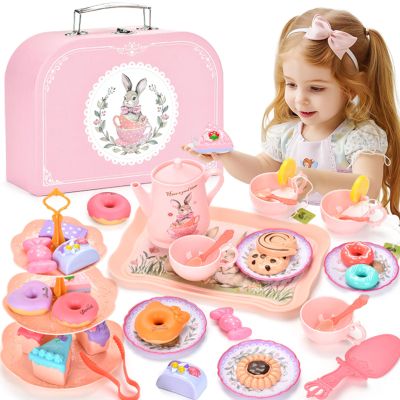 Lajeje Kids Tea Party Set for Little Girls & Toddlers  Bunny Kitchen Toy & Pretend Play Set with Teapot, Cups, Plates, Desserts & Case | Princess Birthday Gift, Easter Basket Stuffer for Ages 3-5