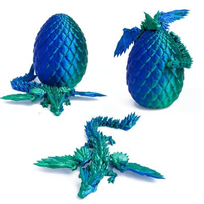 Flavery 3D Printed Flying Dragon in Egg - Dino Easter Egg with 9" Winged Dragon Inside, Colorful Fidget Toy, Birthday Gift, Flexible Desk Pet Figure (Green Blue)