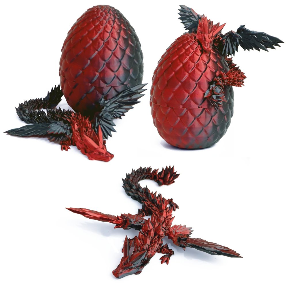 Flavery 3D Printed Flying Dragon in Egg - Easter Egg with 9" Flexible Winged Dragon Inside, Colorful Fidget Toy, Birthday Gift, Desk Pet Figure (Black Red)
