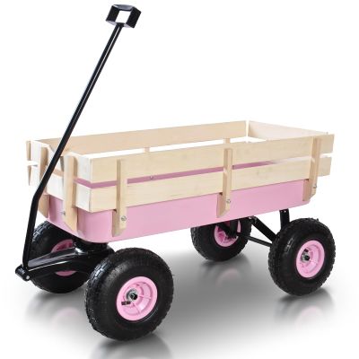 All Terrain Cargo Wagon with Wheels Outdoor Wagon Cart with Wood Railing Kids Children Pull-Along Wagon Garden Air Tires for Children with Foldable Handle, Pink