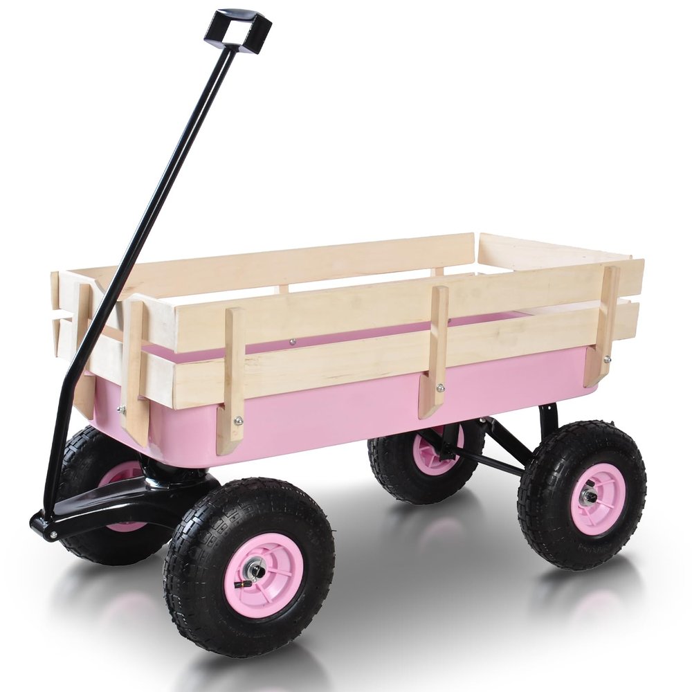 All Terrain Cargo Wagon with Wheels Outdoor Wagon Cart with Wood Railing Kids Children Pull-Along Wagon Garden Air Tires for Children with Foldable Handle, Pink