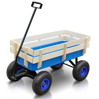 Outdoor Wagon Cart with Wheels All Terrain Cargo Wagon with Wood Railing Kids Children Pull-Along Wagon Garden Air Tires for Children with Foldable Handle, Blue