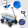 Outdoor Wagon Cart with Wheels All Terrain Cargo Wagon with Wood Railing Kids Children Pull-Along Wagon Garden Air Tires for Children with Foldable Handle, Blue view 3