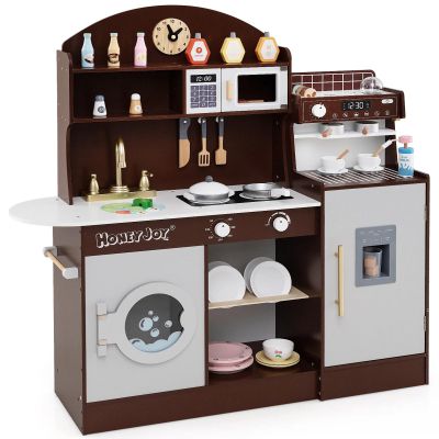 HONEY JOY Kids Kitchen Playset, Wooden Toy Kitchen Set w/Lights, Coffee Maker, Microwave, Sink, Ice Maker, Washing Machine, Little Chef Pretend Play Kitchen for Toddlers Boys Girls (Coffee)