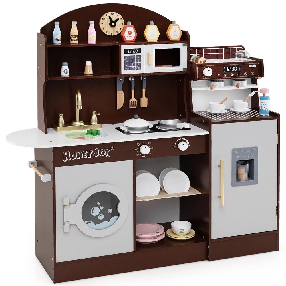 HONEY JOY Kids Kitchen Playset, Wooden Toy Kitchen Set w/Lights, Coffee Maker, Microwave, Sink, Ice Maker, Washing Machine, Little Chef Pretend Play Kitchen for Toddlers Boys Girls (Coffee)