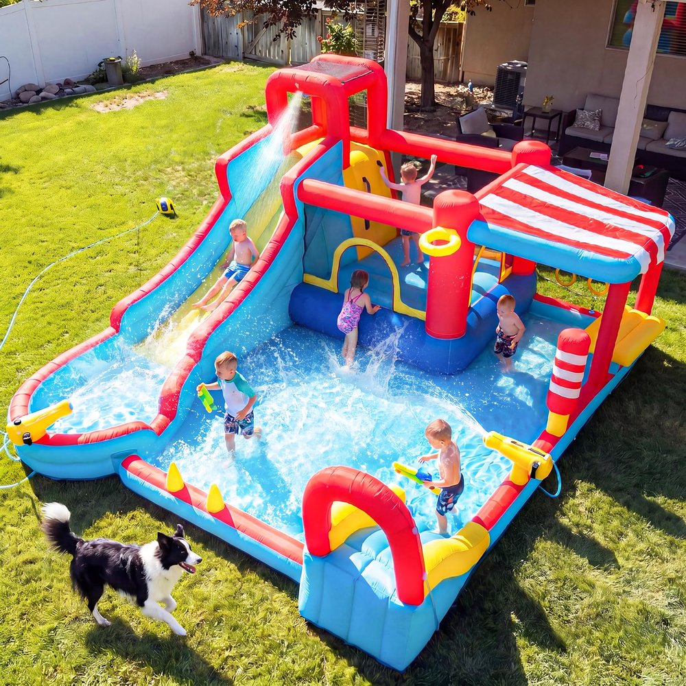 AKEYDIY Inflatable Water Slide, 18 in 1 Water Park Bounce House for Big Kids, Bouncy House with Dual Slides,Big Splash Pool,Water Cannon for Outdoor/Backyard/Party, Water Bounce House with 550W Blower
