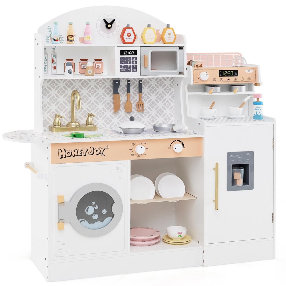 HONEY JOY Kids Kitchen Playset, Wooden Toy Kitchen Set w/Lights, Coffee Maker, Microwave, Sink, Ice Maker, Washing Machine, Little Chef Pretend Play Kitchen for Toddlers Boys Girls (White)