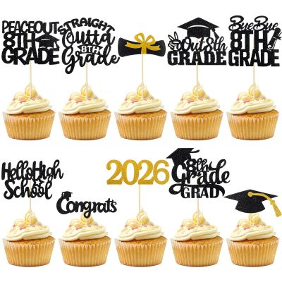 100 Pieces 8th Grade Grad Cupcake Toppers Black Glittery Congrats Cupcake Graduation Party Decorations Class of 2026 Peace out 8th Grade Cupcakes for Middle School Grad Party Supplies